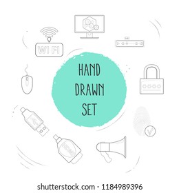 Set of electronic icons line style symbols with wifi, video control, bullhorn and other icons for your web mobile app logo design.
