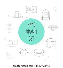 Set of electronic icons line style symbols with sound system, robot, antivirus and other icons for your web mobile app logo design.