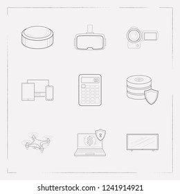 Set of electronic icons line style symbols with video camera, responsive design, secure transaction and other icons for your web mobile app logo design.