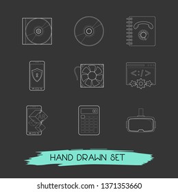 Set of electronic icons line style symbols with 3d glasses, mobile security, calculator and other icons for your web mobile app logo design.
