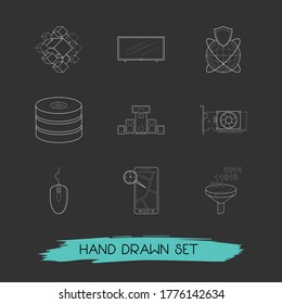 Set of electronic icons line style symbols with real time location, sound system, tv and other icons for your web mobile app logo design.
