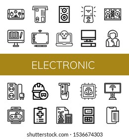 Set of electronic icons. Such as Phone, Computer, Atm, Graphic tablet, Speaker, Laptop, Disc jockey, Power strip, Game, Engineer, Medical record, Calculator , electronic icons