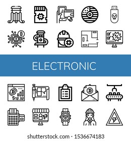 Set of electronic icons. Such as Slider, Microchip, Sd card, Digital wallet, Engineer, Cd, Blueprint, Usb, Computer, Bitcoin, Credit card, Medical record, Smartwatch , electronic icons