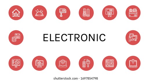 Set of electronic icons. Such as Smart house, Pin cushion, Electric mixer, Watch strap, Atm, Credit card, Computer, Home control, Laptop, Car key, Mixing table , electronic icons