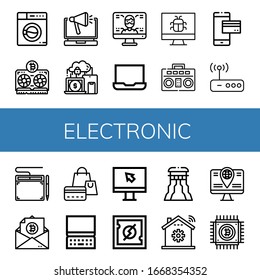 Set of electronic icons. Such as Washing machine, Vga, Laptop, Devices, Computer, Screen, Boombox, Mobile payment, Router, Graphic tablet, Bitcoin, Credit card , electronic icons
