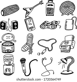 Un conjunto de iconos electrónicos adecuados para cualquier contenido electrónico con doodle o estilo de caricatura