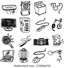 Un conjunto de iconos electrónicos adecuados para cualquier contenido electrónico con doodle o estilo de caricatura