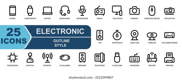 set of electronic icons.outline style.contains phone, cellphone, smartphone, smartwatch, digital watch, telephone, flash disk, keyboard, wifi, router, printer, printing machine.

