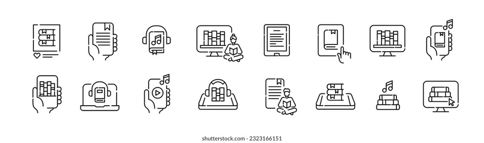 Set of electronic library related icons. Reading and listening to e-books from smartphone or laptop. Editable icons