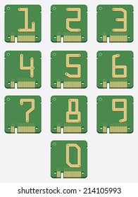 Set of Electronic Number, Circuit Alphabet, Digital Icon, Vector 