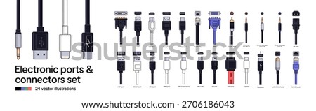 Set of electronic ports and connectors. Different cables for devices: micro and mini USB, DVI, HDMI, type C and lightning. Plugs and sockets. Flat isolated vector illustrations on a white background