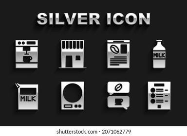 Set Electronic scales, Bottle with milk, Coffee menu, and conversation, Paper package for, Newspaper coffee, machine and shop icon. Vector