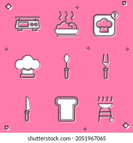 Set Electronic scales, Bowl of hot soup, Chef hat, Teaspoon, Barbecue fork, Knife and Bread toast icon. Vector