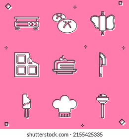 Set Electronic scales, Bread loaf, Rolling pin dough, Chocolate bar, Piece of cake, Knife, Ice cream and Chef hat icon. Vector