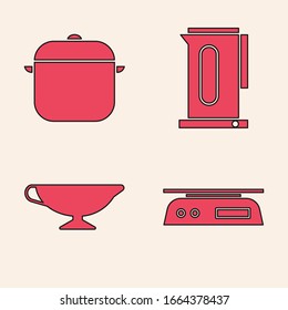 Set Electronic scales, Cooking pot, Kettle with handle and Sauce boat icon. Vector