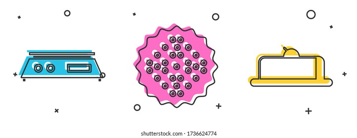 Set Electronic scales , Cracker biscuit  and Strawberry cheesecake slice icon. Vector