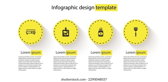 Ponemos báscula electrónica, tabla de corte, barra de azúcar y espátula. Plantilla de infografía empresarial. Vector