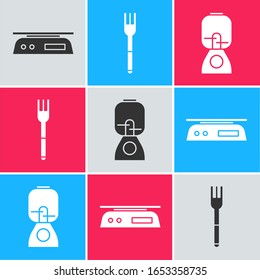 Set Electronic scales, Fork and Blender icon. Vector