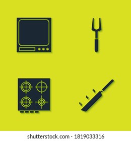 Set Electronic scales, Frying pan, Gas stove and Barbecue fork icon. Vector.