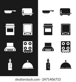 Set Electronic scales, Jam jar, Frying pan, Toaster, Kitchen extractor fan, Gas stove, Covered with tray and Bottle of olive oil icon. Vector