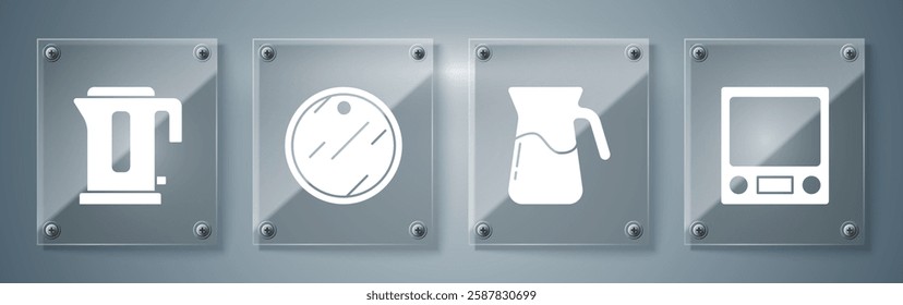 Set Electronic scales, Jug glass with water, Cutting board and Electric kettle. Square glass panels. Vector