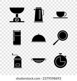 Set Electronic scales, Kettle with handle, Coffee cup, Manual coffee grinder, Kitchen colander, timer, Refrigerator and Covered tray icon. Vector