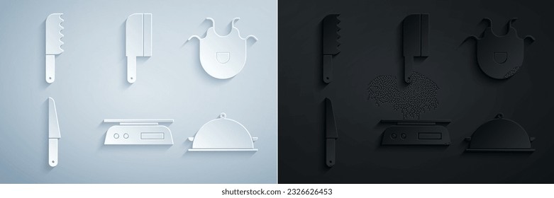 Set Electronic scales, Kitchen apron, Knife, Covered with tray of food, Meat chopper and Bread knife icon. Vector