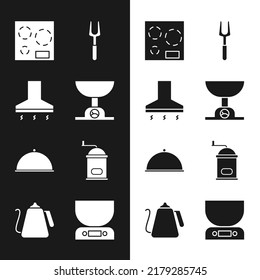 Set Electronic scales, Kitchen extractor fan, Electric stove, Barbecue fork, Covered with tray, Manual coffee grinder,  and Kettle handle icon. Vector