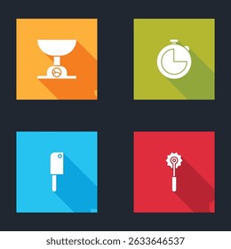 Set Electronic scales, Kitchen timer, Meat chopper and Pizza knife icon. Vector