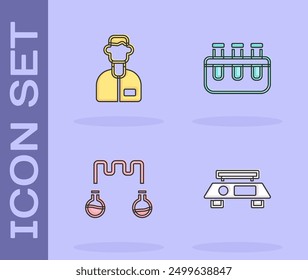 Establecer escalas Electrónicas, asistente de laboratorio, tubo de ensayo y frasco e ícono. Vector