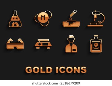Set Electronic scales, Microscope, Poison in bottle, Laboratory assistant, Safety goggle glasses, Petri dish with pipette, Test tube flask fire and Molecule icon. Vector