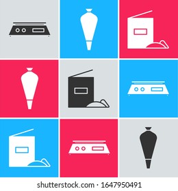 Ajuste básculas Electrónicas , Bolsa de pastelería para decorar pasteles y el icono del paquete de harina. Vector