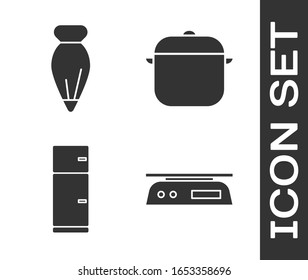 Set Electronic scales, Pastry bag for decorate cakes, Refrigerator and Cooking pot icon. Vector