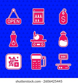 Set Electronic scales for product, POS terminal with credit card, Spice can, QR code, Sauce bottle, Price tag dollar and Hanging sign Open icon. Vector