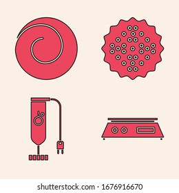 Set Electronic scales , Roll bun with cinnamon , Cracker biscuit  and Blender  icon. Vector