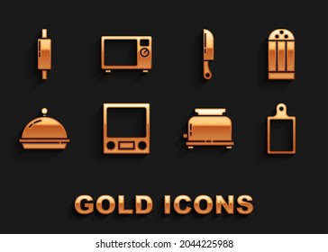 Set Electronic scales, Salt, Cutting board, Toaster, Covered with tray of food, Knife, Rolling pin and Microwave oven icon. Vector