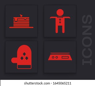 Set Electronic scales , Stack of pancakes , Holiday gingerbread man cookie  and Oven glove  icon. Vector