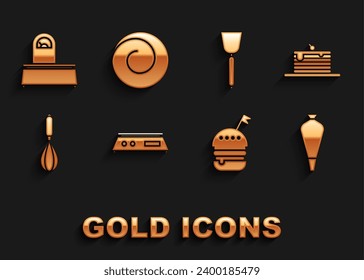 Poner báscula electrónica, Pila de tortitas, Bolsa de pastelería para decorar, Burger, Boca de cocina, Espatula, Balón de balón y Balón de canela con icono de canela. Vector