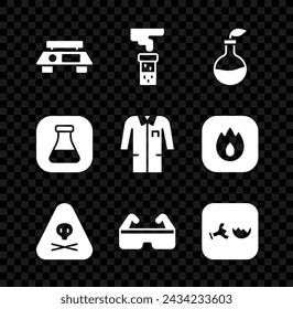 Set Balanzas electrónicas, Tubo de ensayo y frasco, Reproducción vegetal, Triángulo de advertencia tóxico, Gafas de seguridad, Roto, e icono uniforme de laboratorio. Vector
