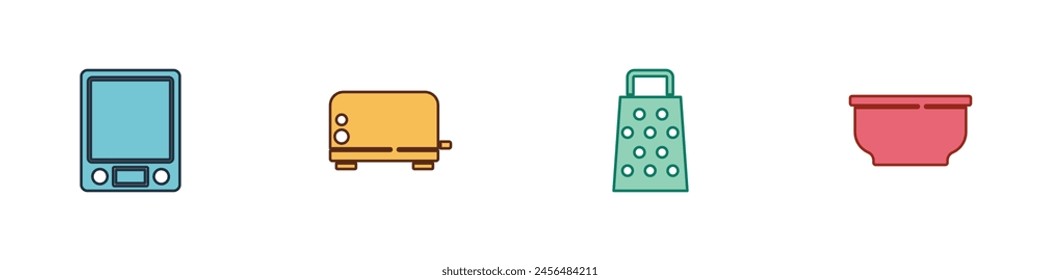 Set Electronic scales, Toaster, Grater and Bowl icon. Vector