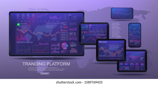 Set of electronic screens with analysis and a graph of personal data for managing a remote business. Modern marketplace