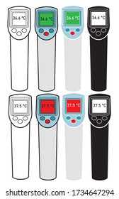 Set of electronic thermometer is an infrared non-contact digital measurement of body temperature and shows a temperature of 36.6 and 37.5 in Celsius. 