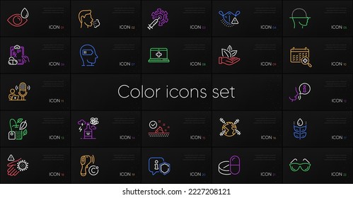 Set of Electronic thermometer, Prescription drugs and Organic product line icons. Include Alcohol addiction, Eyeglasses, Face scanning icons. Medical help, Medical calendar, Cough web elements. Vector