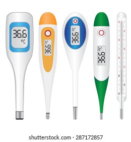 Set of electronic thermometers on the white background.