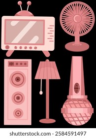  A set of electronic tools consists of analog television fan table lamp stand mic speaker