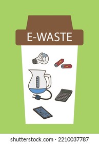Set of electronic trash. Broken light bulb, battery and electric kettle. Reducing emission of harmful substances, reuse and recycling of waste. Infographics. Cartoon flat vector illustration