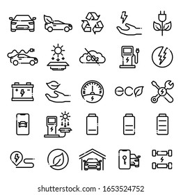 Juego de iconos electrónicos de vehículos con trazo editable. Iconos de línea de vectores simples. Contienen iconos como camión, eco, reciclado, mano, eco-enchufe, carga solar, CO2, estación de combustible, acumulador, mando de reparación