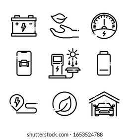Set of Electronic Vehicle Icons. Simple Vector line icons. Containing icons as accumulator, leaf in hand, fuel gauge, car app, solar recharge, battery, navigation, garage.  EPS 10
