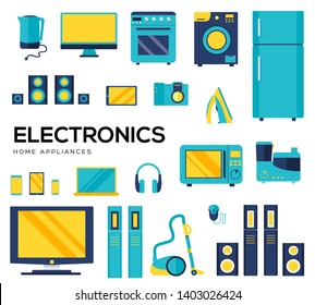 Conjunto de iconos de color plano de electrónica aislados en fondo blanco. Dispositivos que usan en casa en la vida cotidiana. Tecnologías modernas. Colección vectorial de electrodomésticos para web, infografía...