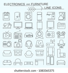 Set electronics and furniture vector line icons editable stroke